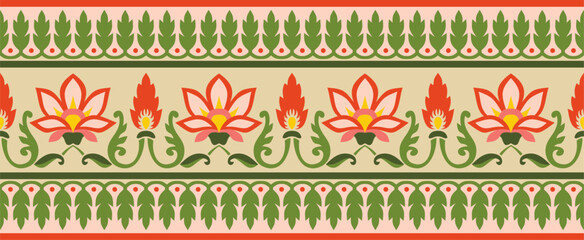 Vector seamless colorful Indian national ornament. Ethnic endless plant border. Flowers frame. Poppies and leaves..