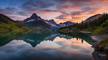 Fototapeta premium A beautiful lake among the mountains against the backdrop of sunset or dawn.