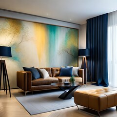 Living room and lounge room decoration with elegant colorful wall paint stains, great for inspiration for buildings, businesses, companies, advertisements, social media etc. Ai generative concept