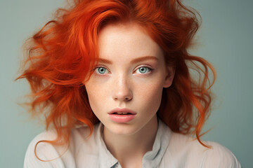 Naklejka premium Face of beautiful woman with red hair and freckles