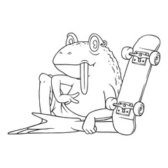 coloring illustration of cartoon sitting frog with skateboard © andhikajudy