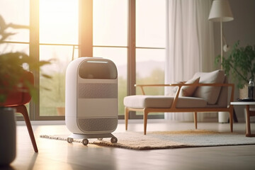 Air purifier with houseplant in living room. Air Pollution Concept. generative ai.