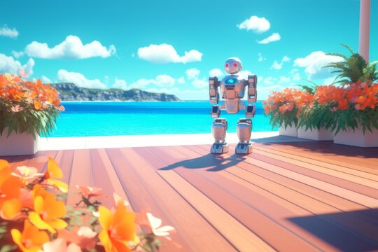 3D Render of a Robot on a Summer Beachscape