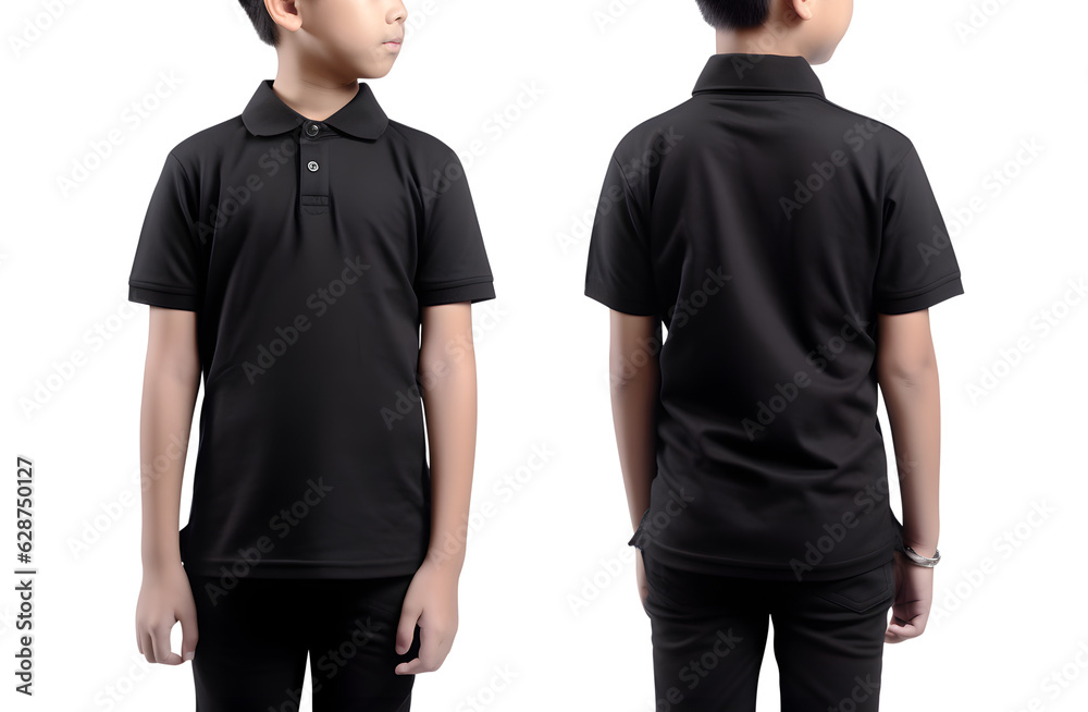 Wall mural Young boy in black Polo shirt mockup front and back view, Cutout.