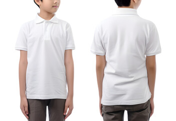 Young boy in white Polo shirt mockup front and back view, Cutout.