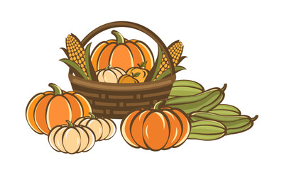 Garden vegetables, basket with pumpkins, corn cobs and zucchini, Thanksgiving card, clip art style drawing.