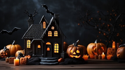 Fototapeta na wymiar Halloween background with haunted house and pumpkins on dark background.