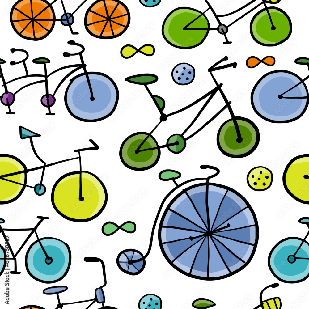 Aufkleber bicycle time. types of bicycles, tools and spare parts. seamless pattern background for your design
