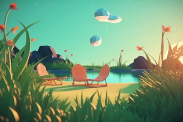 Zelfklevend Fotobehang 3D Render of a Summer Themed Background Landscape © AberrantRealities