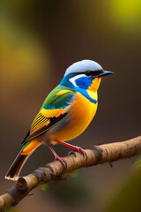 A colorful bird sits on a branch in the forest. © designer master 06