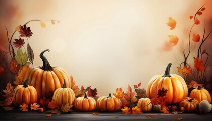 Thanksgiving or Autumnal decoration with pumpkin on wooden background copy space, watercolor style, generative AI