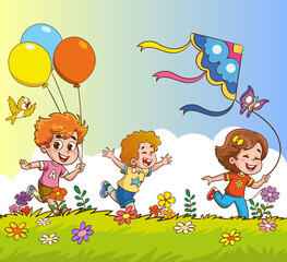 Obraz na płótnie Canvas vector illustrations of happy kids flying a kite on the grass
