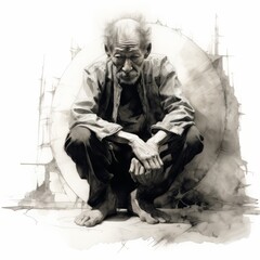 Asian old man in thinking and doubts monochrome illustration. Male character with dreamy face on abstract background. Ai generated black and white sketch poster.