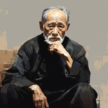 Asian old man in thinking and doubts oil painted illustration. Male character with dreamy face on abstract background. Ai generated acrylic canvas bright poster.