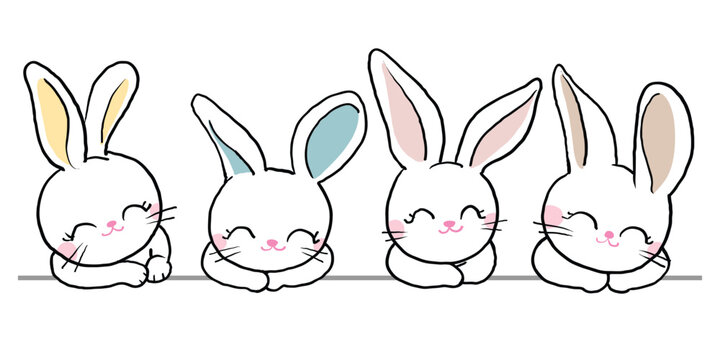 Vector Illustration of Cute Cartoon Rabbit Head Characters on Isolated Background
