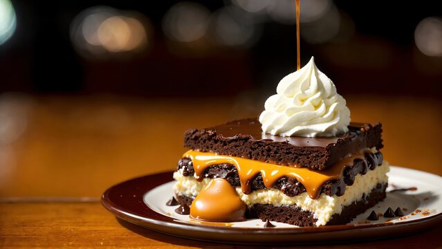 Slice of Bread topped with a Black Forest Brownie, and dripping with Caramel Chocolate sauce