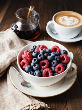Coffee Cream with a bowl of Raspberries and Red Berries on a white plate and napkin