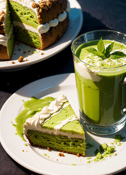 Delicious Matcha cake and smoothies on the cafe table