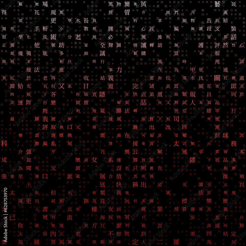 Poster matrix background. random characters of chinese traditional alphabet. gradient matrix pattern. red c