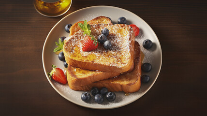 A plate of French toast on a kitchen island with strawberries and blueberries. A sweet breakfast.