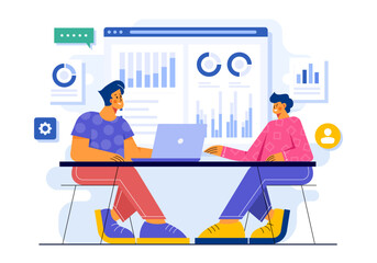 Businesspeople discussing the business plan, Business meeting, Project strategy, Business people working together, Teamwork, Brainstorming, Market analysis, Analytics flat vector illustration