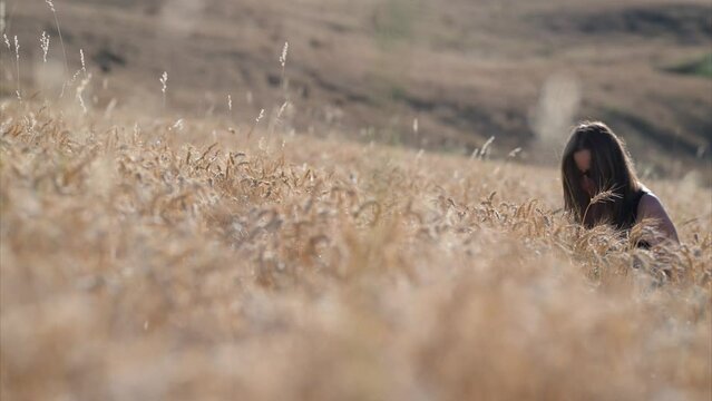 Bella Donna posa nel campo di grano con abito estivo video in 8K