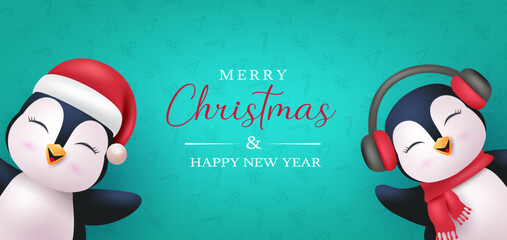 Merry christmas greeting text vector design. Christmas penguin characters wearing santa hat and headphone for holiday season card background. Vector illustration xmas and new year seasonal design.
 - obrazy, fototapety, plakaty
