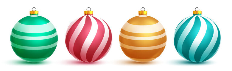 Christmas balls vector set design. Christmas ball and xmas bauble decoration ornaments with stripe pattern isolated in white background. Vector illustration xmas balls elements collection.
