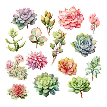 Succulents painted with watercolor on a white background. generative ai.