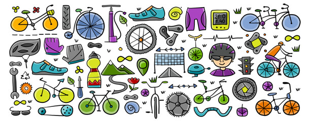 Bicycle time. Types of bicycles, tools and spare parts. Horizontal frame for your design - print, cards, t-shirts etc