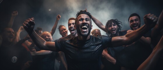 Football team celebrating a goal in a joyful and victorious moment. Generative AI