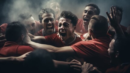 Football team celebrating a goal in a joyful and victorious moment. Generative AI