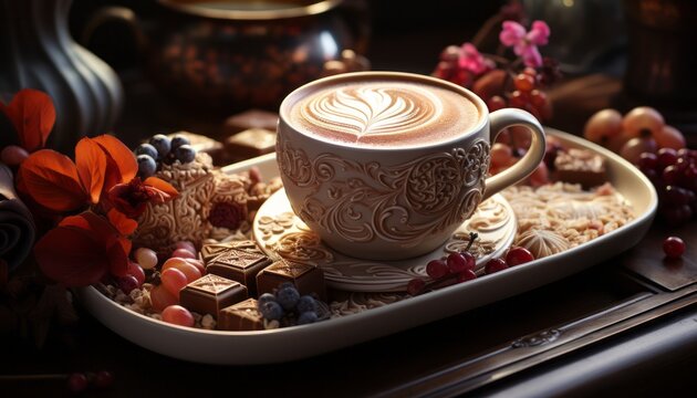 A white cup of coffee with patterns on it, chocolate cubes, and berries