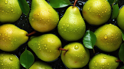 Fototapeta na wymiar pears on the water, fresh pears seamless background, adorned with glistening droplets of water. Top down view.