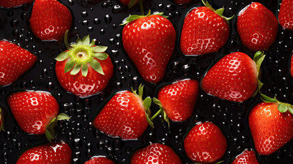 Fototapeta premium strawberries on the water, fresh strawberries seamless background, adorned with glistening droplets of water. Top down view.