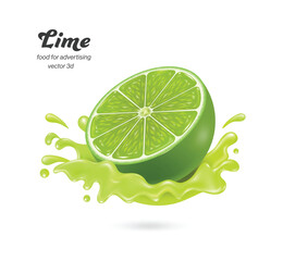 half Lime front view fall into impact with Lime juice causing a wide splash of water for food and drink concept