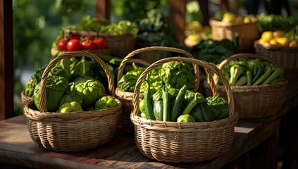 Too many type of vegetable in weaver basket in farmer market, generative ai