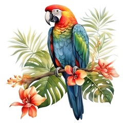 watercolor parrot in tropical leaves isolated on white, AI Generated