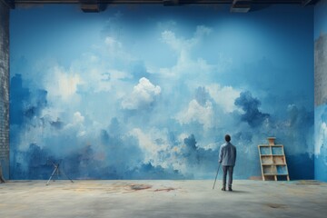 Obraz premium Artist painting blue color and clouds in a wall. Artist and freedom concept.