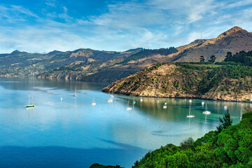 Fototapeta premium Yachts and other sailing vessels moored in the bays at Banks Peninsula