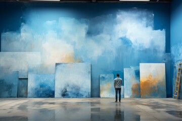 Artist painting blue color and clouds in a wall. Artist and freedom concept.