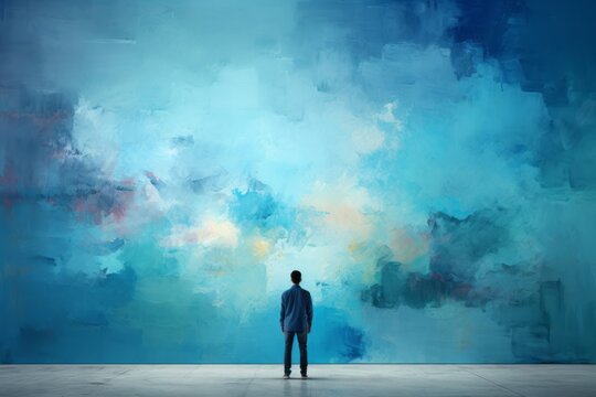 Artist painting blue color and clouds in a wall. Artist and freedom concept.