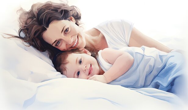 painting style illustration of mom and son smiling in bed, Generative Ai