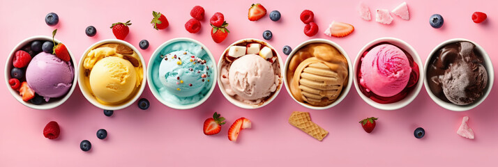 Set of bowls with various colorful Ice Cream scoops with different flavors and fresh ingredients,Generative ai - obrazy, fototapety, plakaty