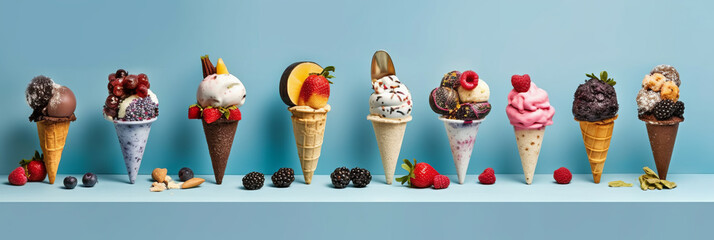 Set of bowls with various colorful Ice Cream scoops with different flavors and fresh ingredients,generative ai