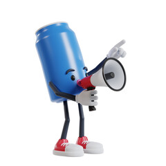 soft drink can cartoon character speak using a megaphone and point it to the top left, 3d illustration of soft drink cans