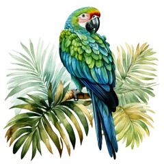 Fototapeta premium watercolor parrot in tropical leaves isolated on white, AI Generated