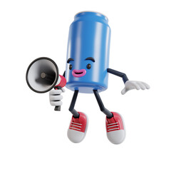soft drink can cartoon character announces with a megaphone while jumping up into the air, 3d illustration of soft drink cans