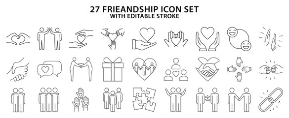 Friendship icons. Set icon about friendship. Line icons. Vector illustration. Editable Stroke.
