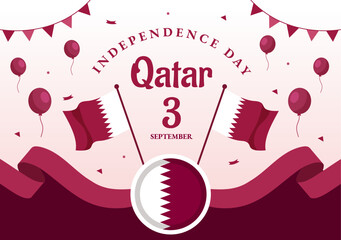 Happy Qatar Independence Day Vector Illustration on 3 September with Waving Flag Background in Flat Cartoon Hand Drawn Landing Page Templates